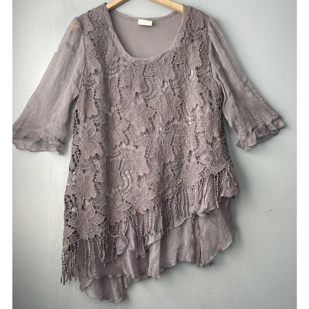 Pretty Angel Top Size L Gray Sheer Lace Silk Blend Boho Fairy Grunge Asymmetric